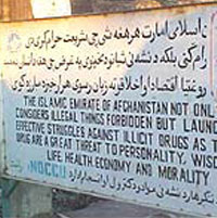 Табличка, запрещающая произвоство наркотиков в Афганистане времен правления движения Талибан; талибы занимали неоднозначную позицию по отношению к производству опиума, опия-сырца, морфия, морфина и героина