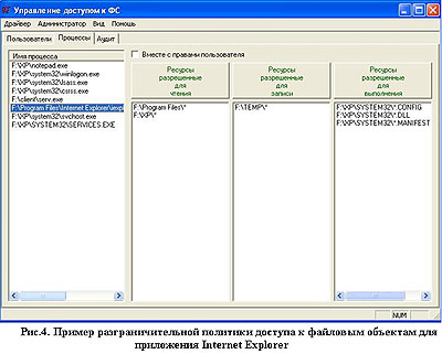Рис.4. Пример разграничительной политики доступа к файловым объектам для приложения Internet Explorer